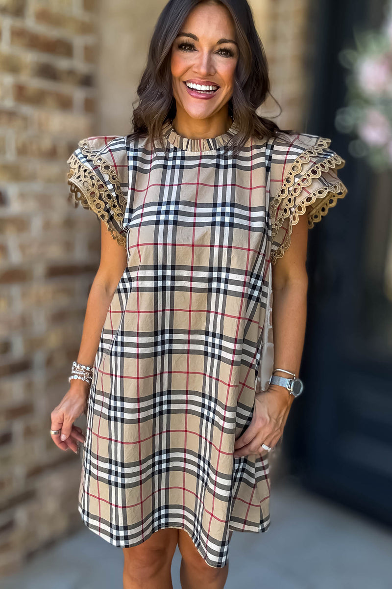 Tan Plaid Check Print Pockets Dress