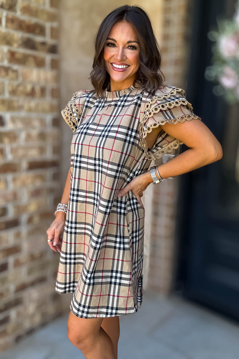Tan Plaid Check Print Pockets Dress