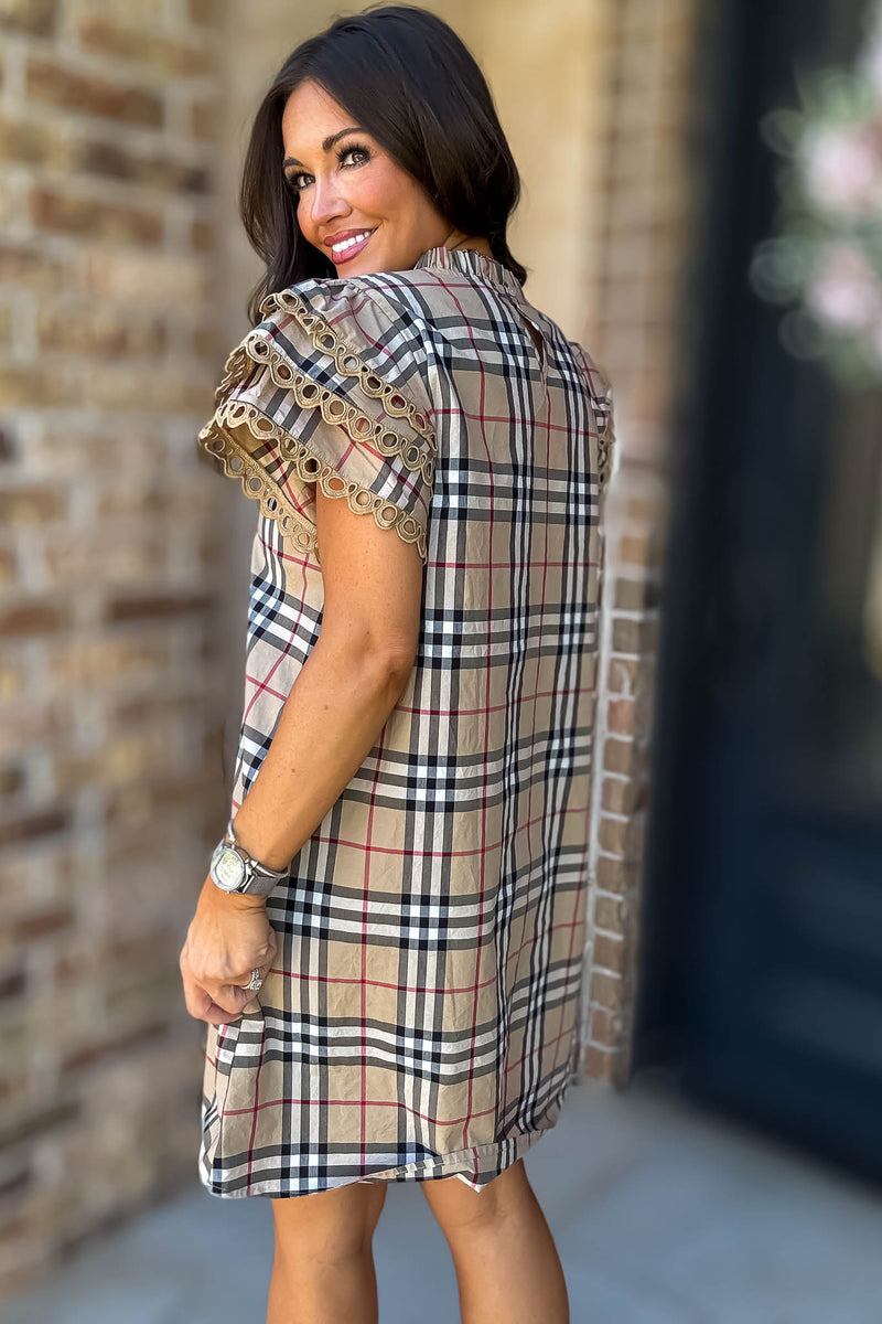 Tan Plaid Check Print Pockets Dress
