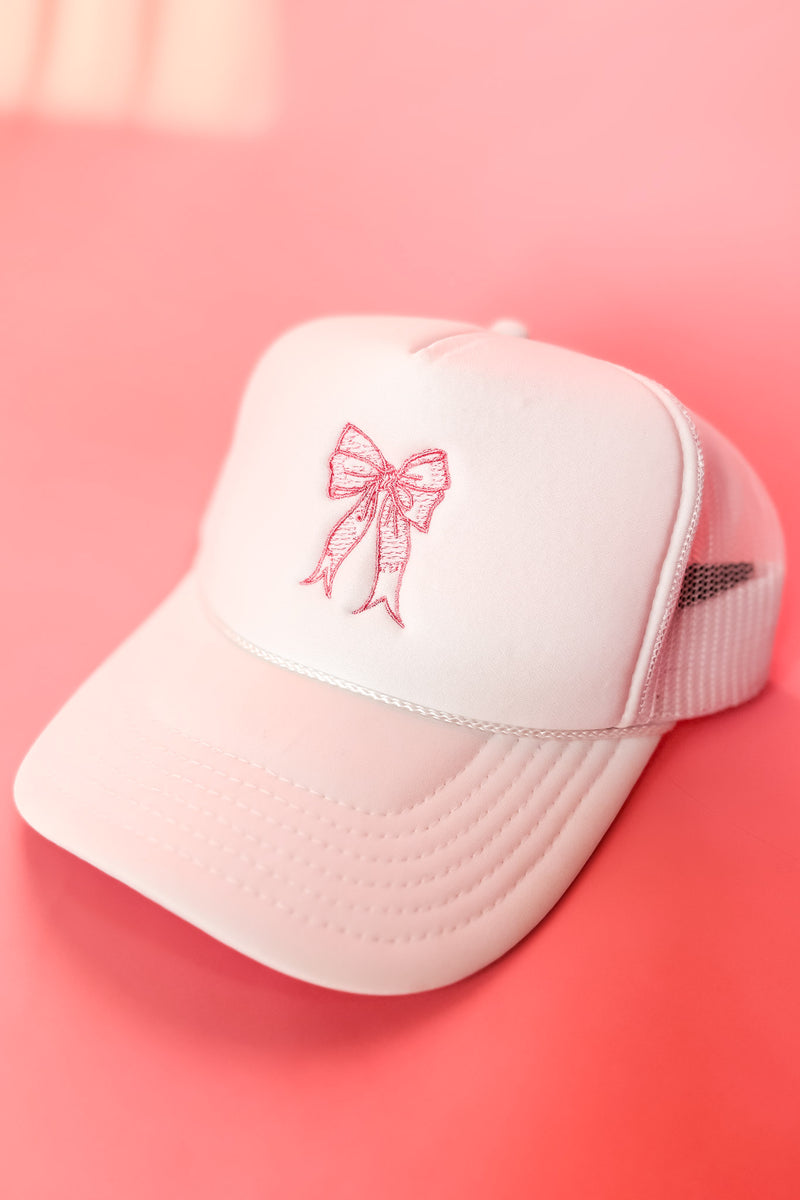 Coquette Trending Bow Embroidery White Trucker Hat Cap