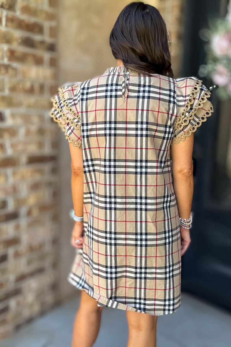 Tan Plaid Check Print Pockets Dress