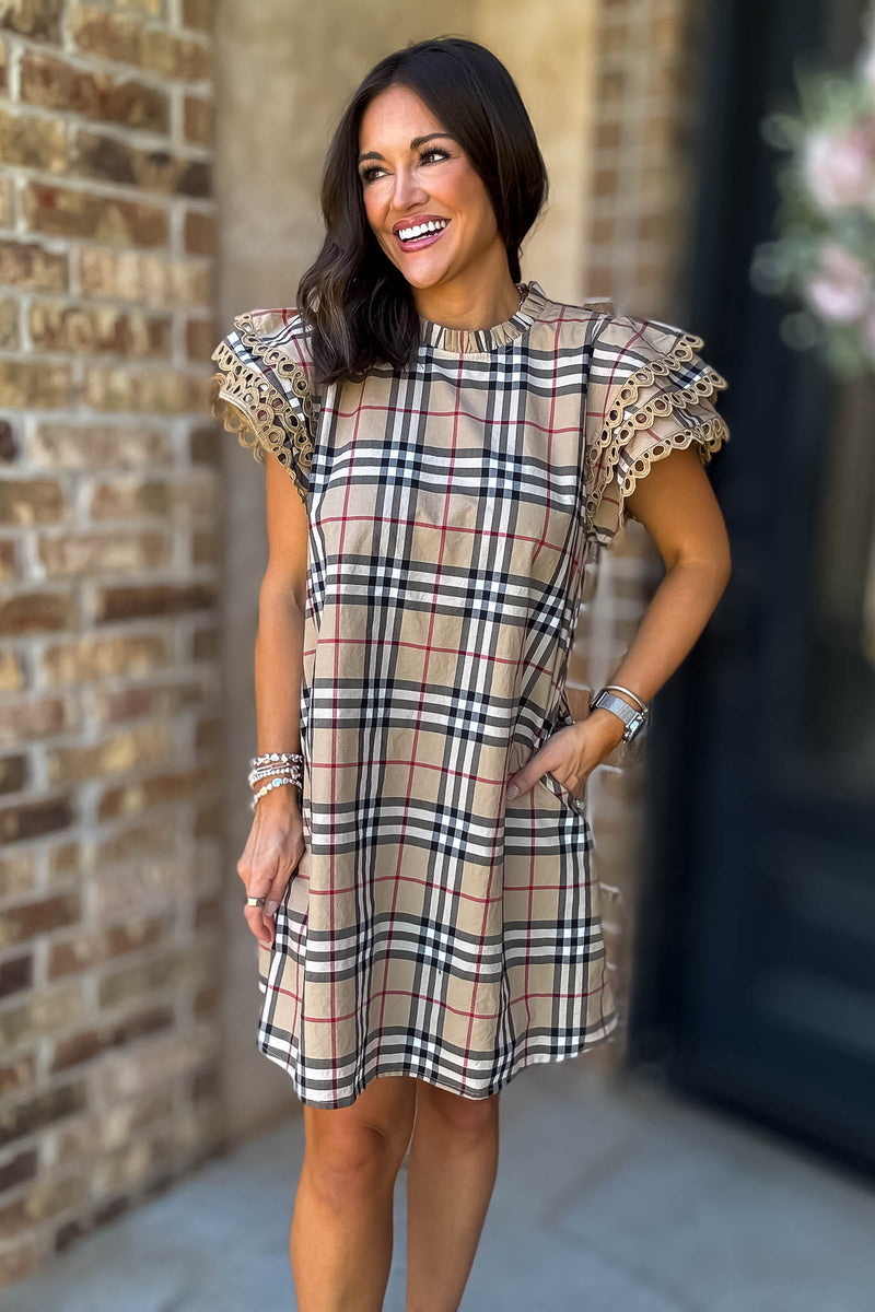 Tan Plaid Check Print Pockets Dress