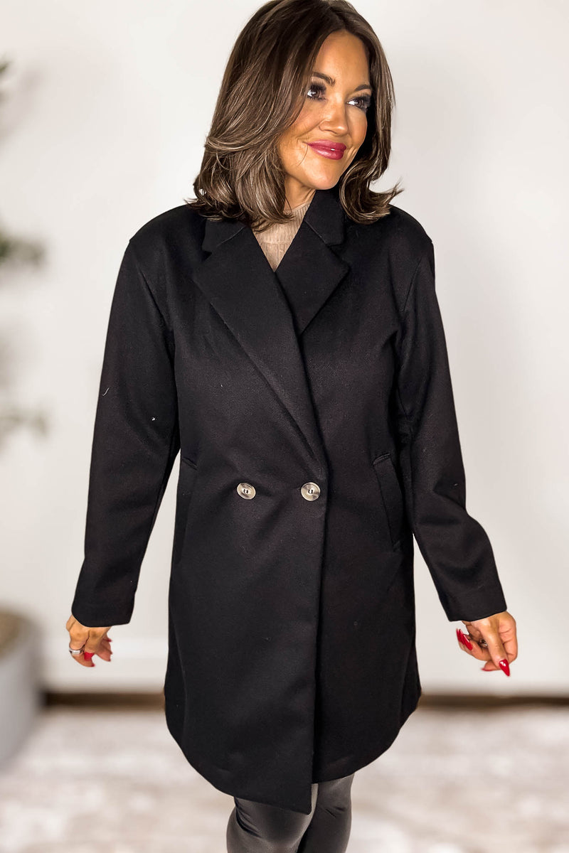 Lapel Black Collared Double Breasted Full Coat