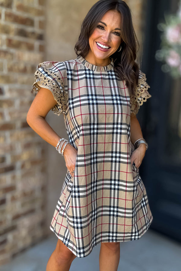 Tan Plaid Check Print Pockets Dress