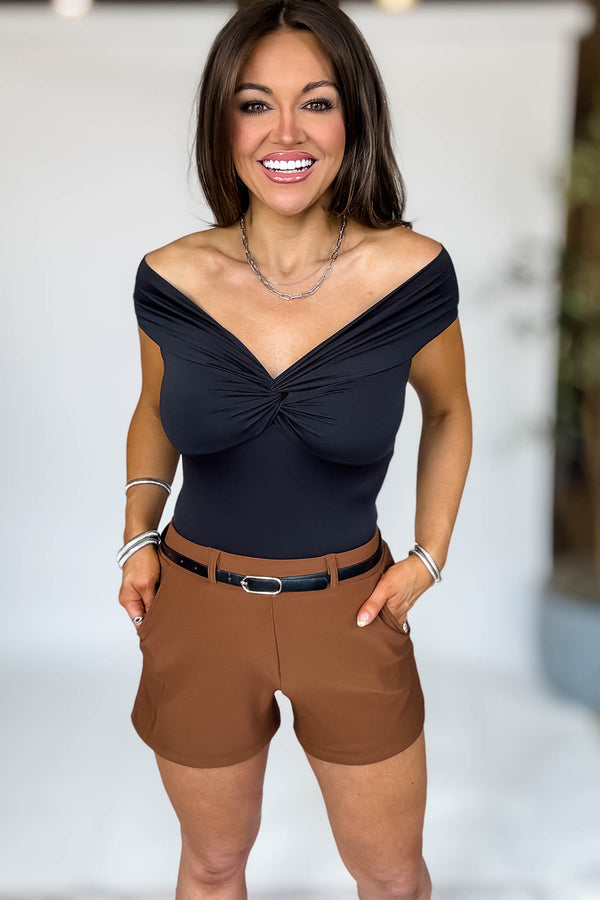 Vera Contour Black Double Layer Off Shoulder Twist Front Top