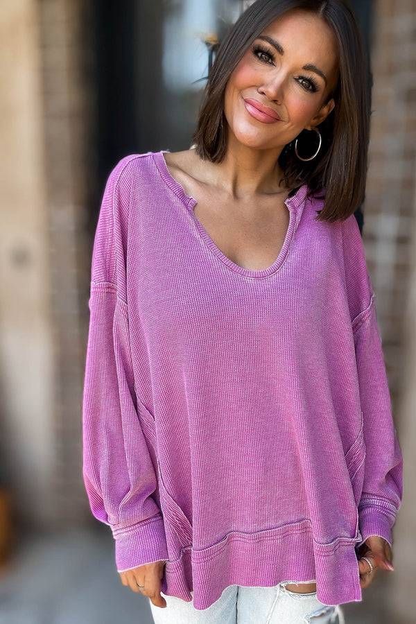 Cotton Blend New Orchid Waffle Knit Oversized Long Sleeve