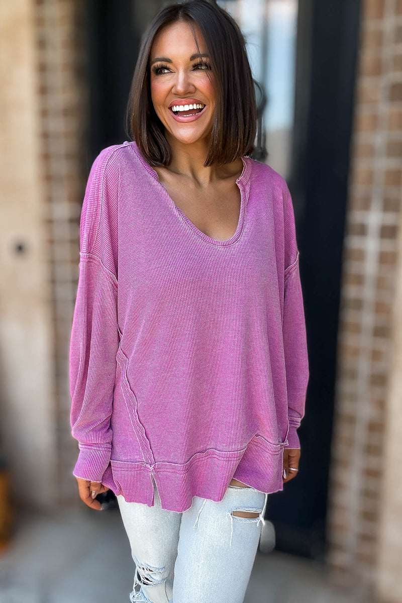 Cotton Blend New Orchid Waffle Knit Oversized Long Sleeve