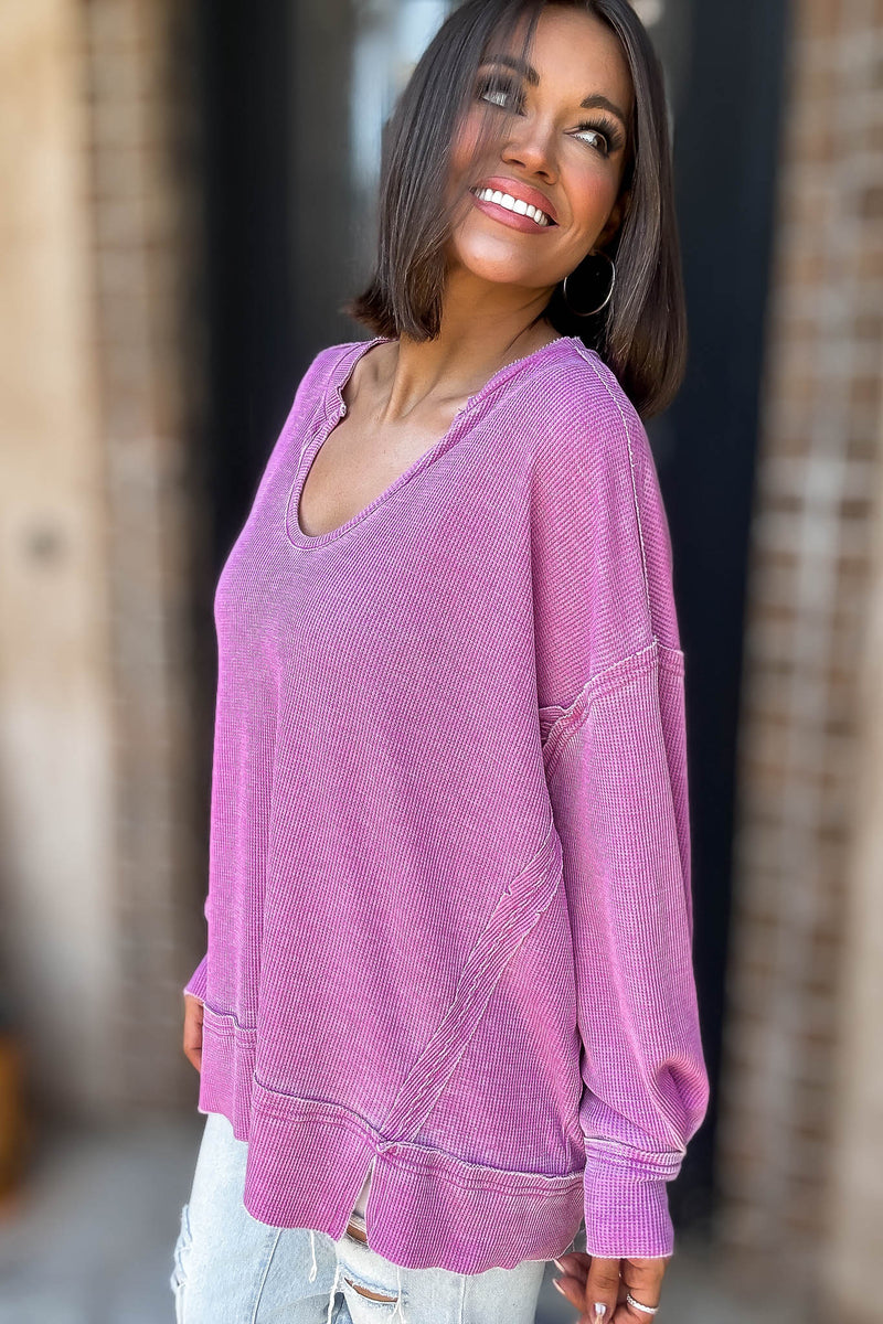 Cotton Blend New Orchid Waffle Knit Oversized Long Sleeve