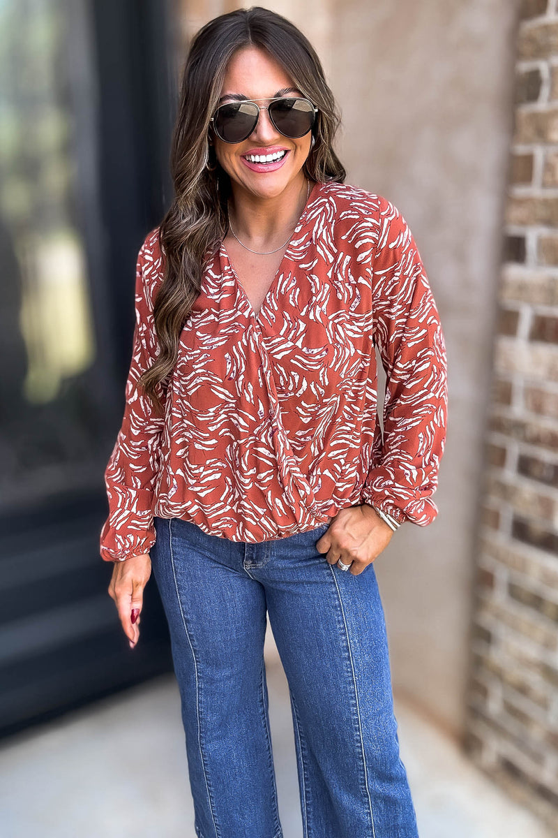 Rust And Taupe Abstract Surplice Top