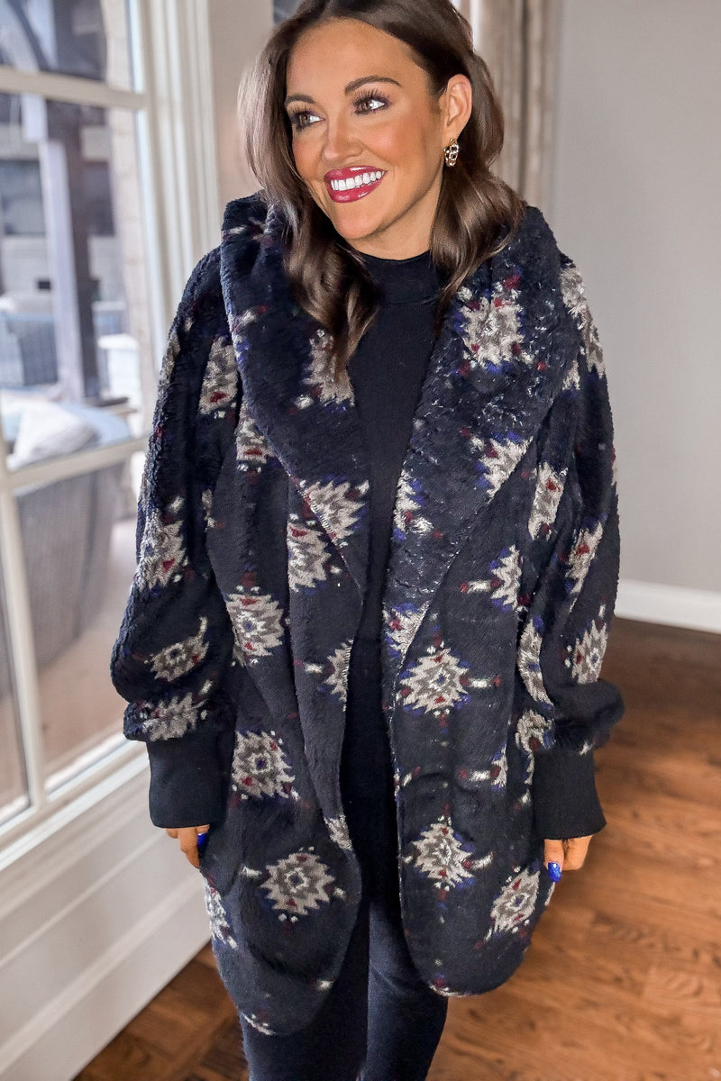 Ethnic Printed Fleece Hoodie Jacket