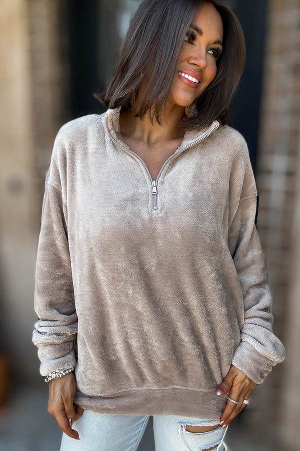 Ash Mocha Faux Fur Half Zip Pocket Pullover
