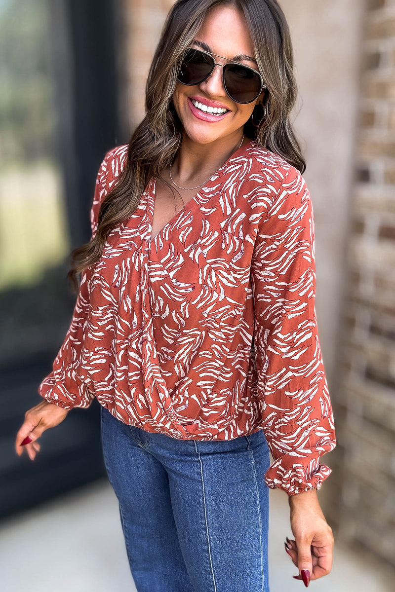 Rust And Taupe Abstract Surplice Top