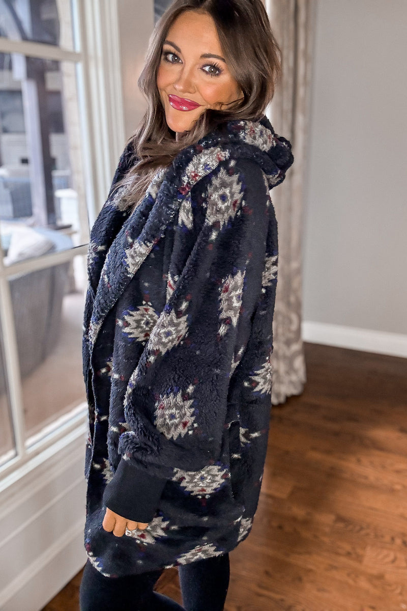 Ethnic Printed Fleece Hoodie Jacket