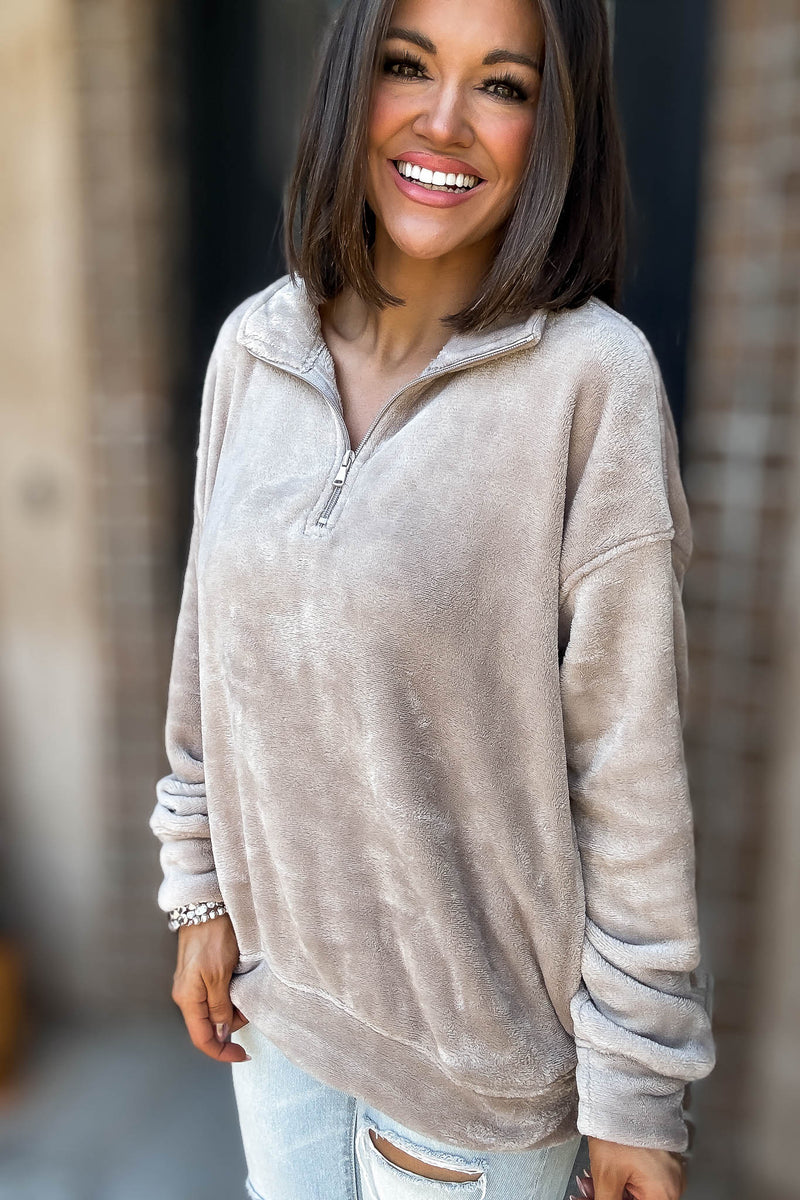 Ash Mocha Faux Fur Half Zip Pocket Pullover