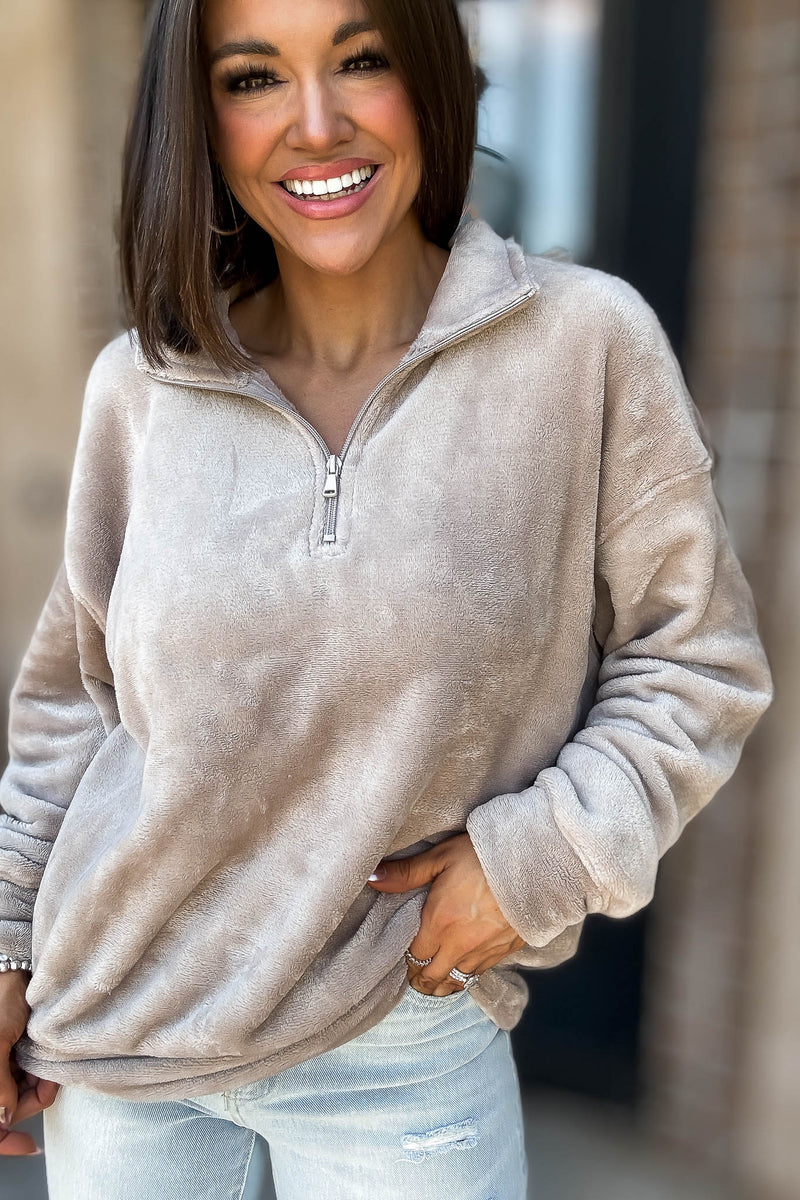 Ash Mocha Faux Fur Half Zip Pocket Pullover