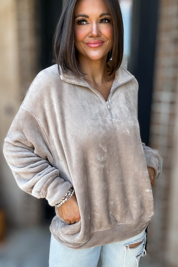 Ash Mocha Faux Fur Half Zip Pocket Pullover