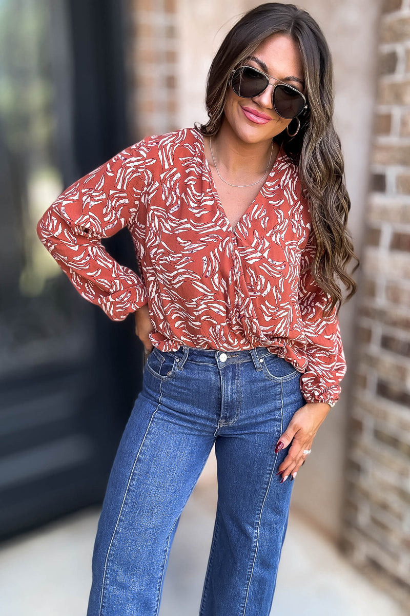 Rust And Taupe Abstract Surplice Top