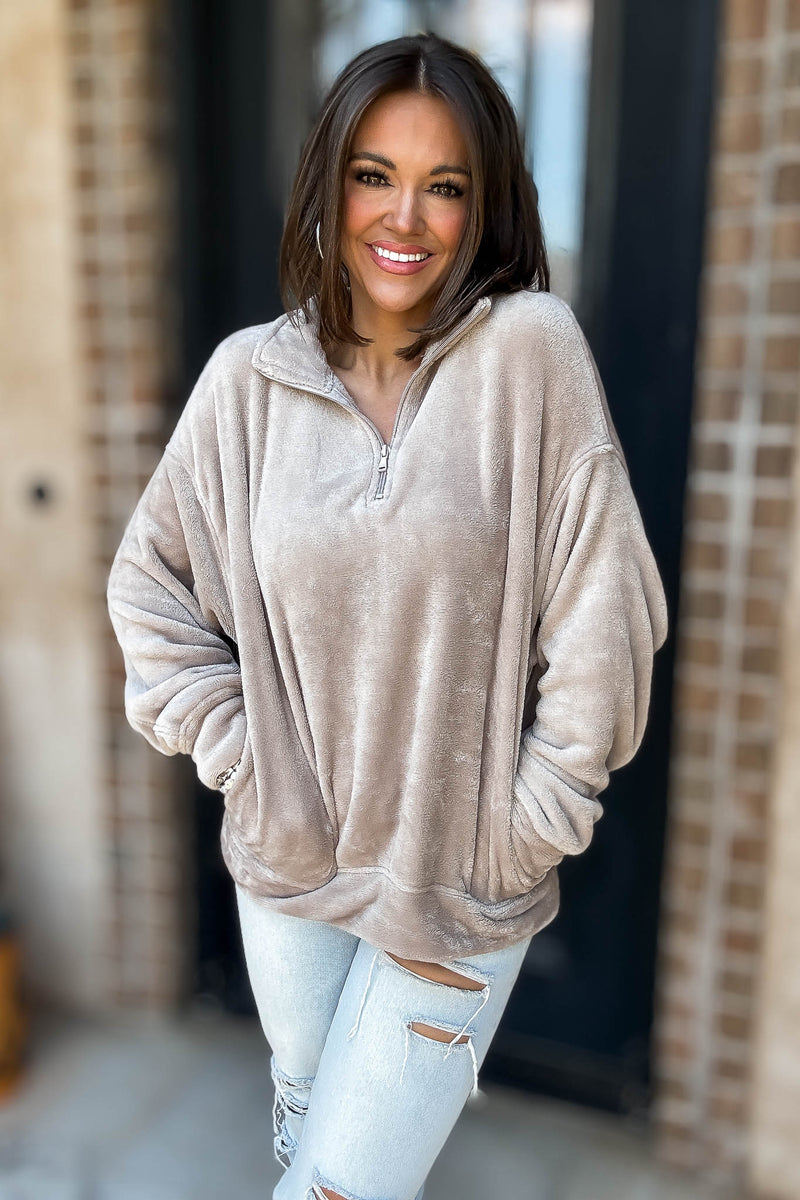 Ash Mocha Faux Fur Half Zip Pocket Pullover