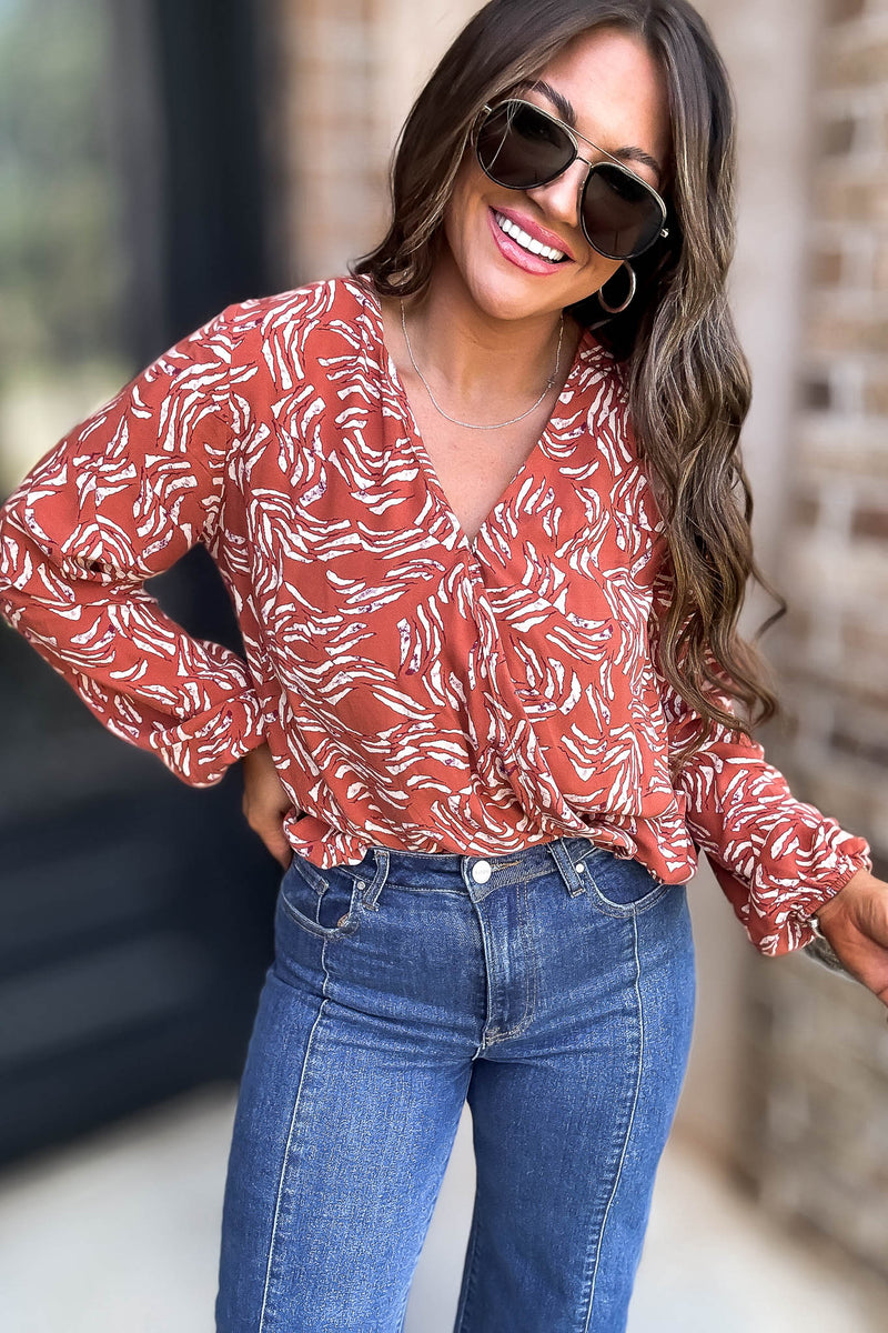 Rust And Taupe Abstract Surplice Top