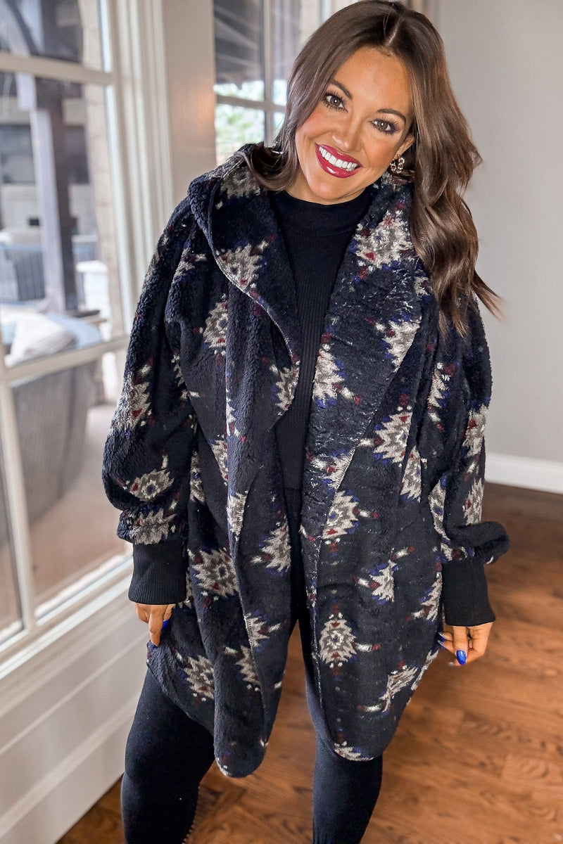 Ethnic Printed Fleece Hoodie Jacket