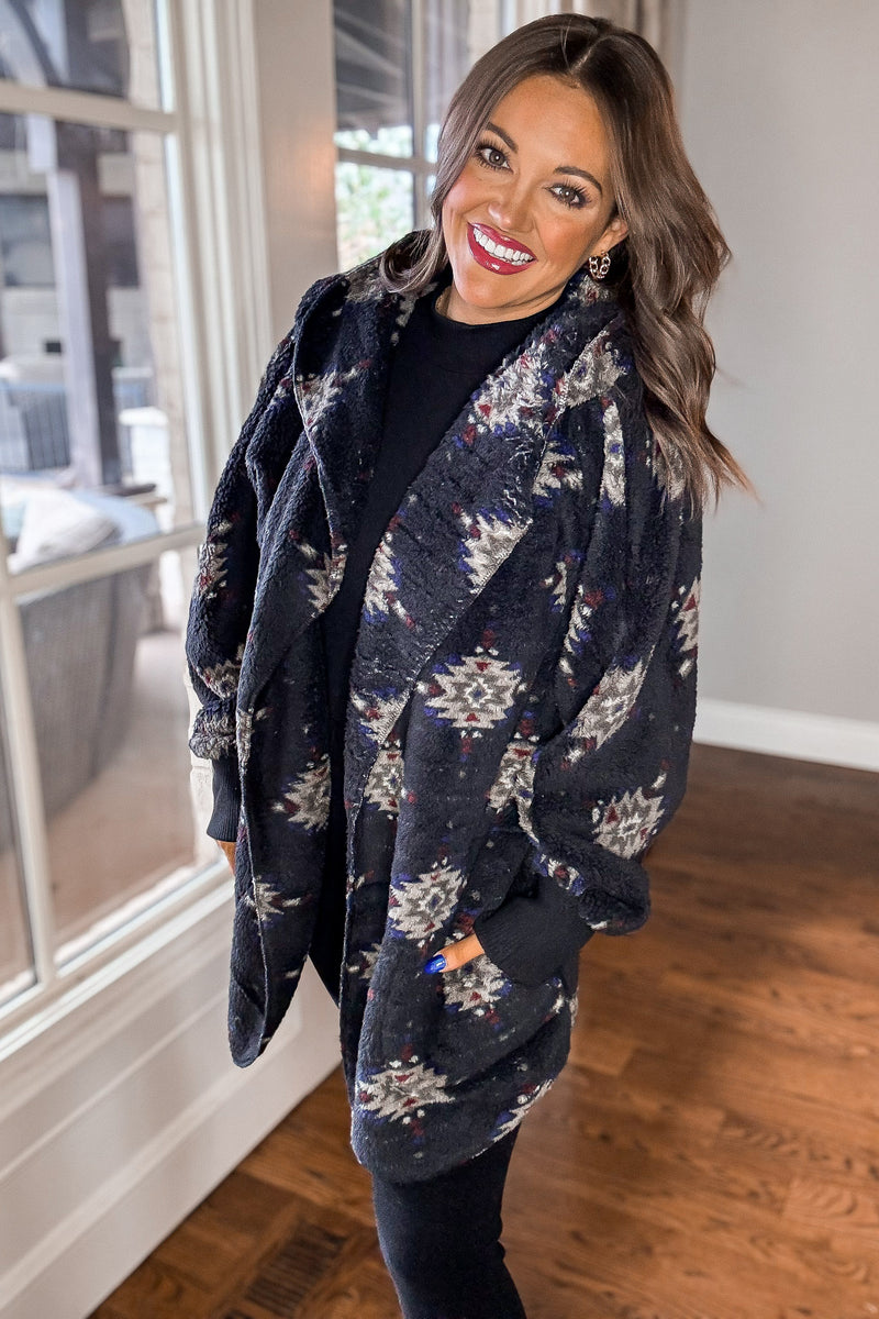 Ethnic Printed Fleece Hoodie Jacket