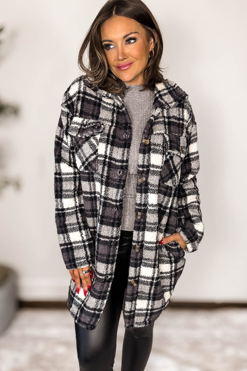 Grey And Black Fleece Sherpa Shacket