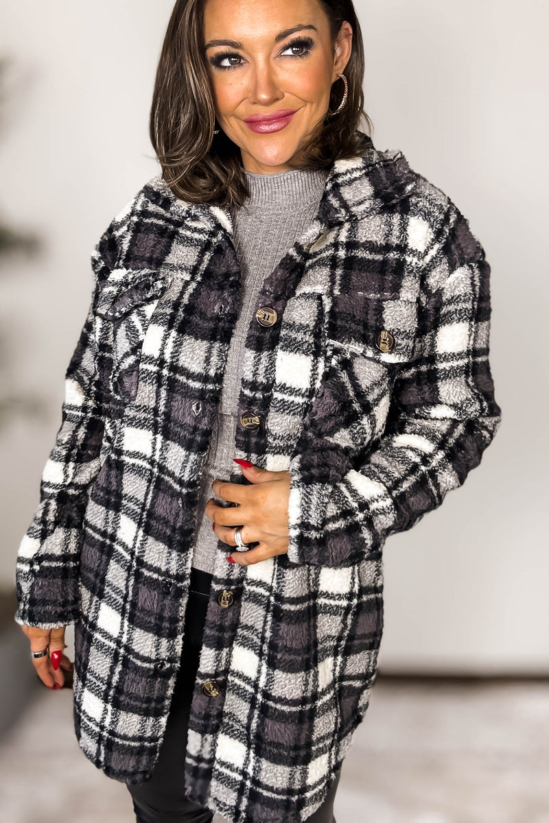 Grey And Black Fleece Sherpa Shacket