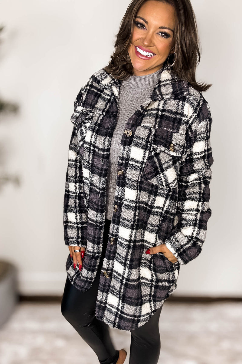 Grey And Black Fleece Sherpa Shacket