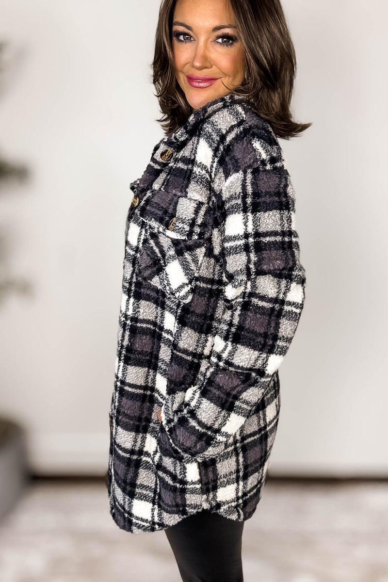 Grey And Black Fleece Sherpa Shacket