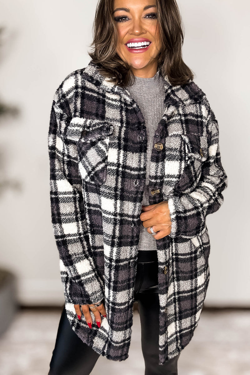 Grey And Black Fleece Sherpa Shacket