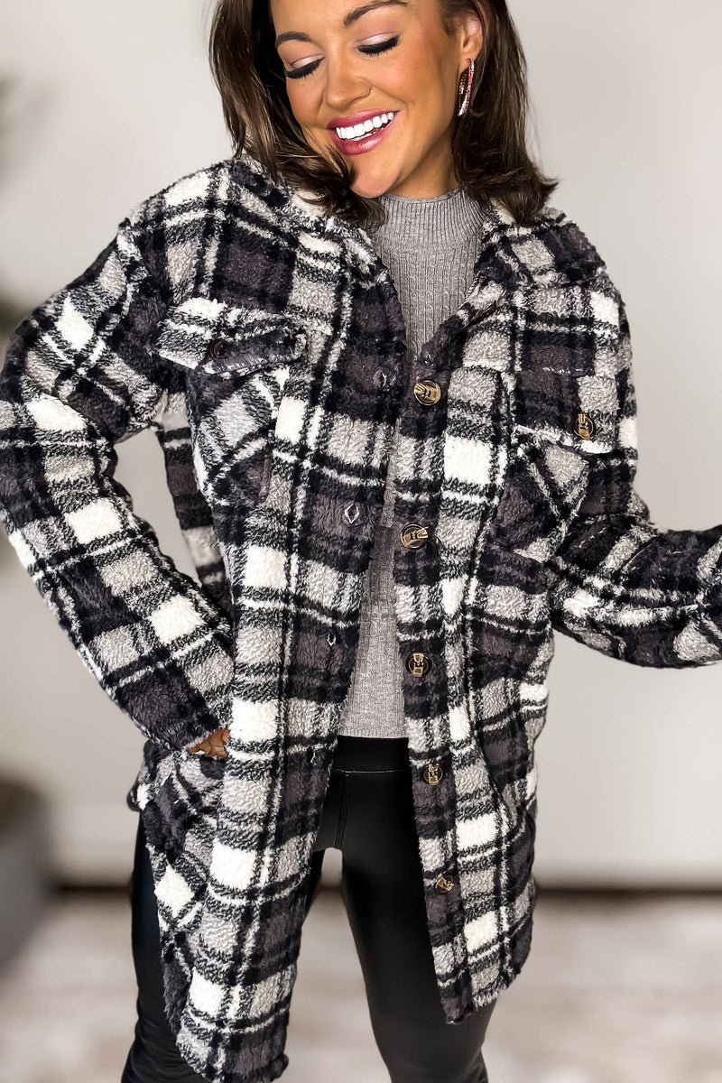 Grey And Black Fleece Sherpa Shacket