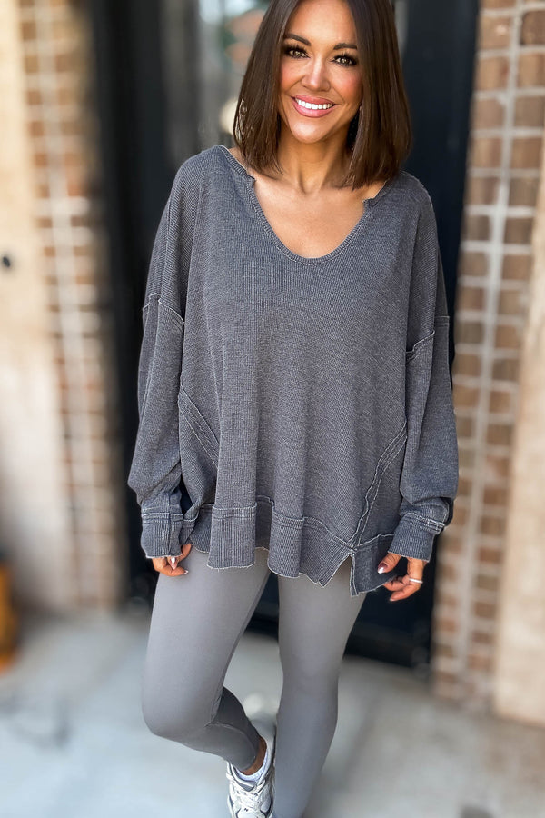 Cotton Blend Black Waffle Knit Oversized Long Sleeve
