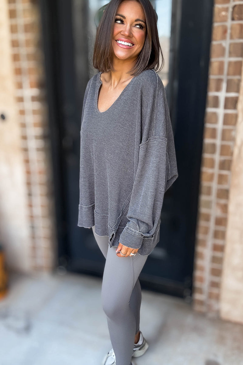Cotton Blend Black Waffle Knit Oversized Long Sleeve
