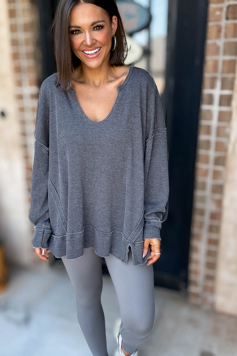 Cotton Blend Black Waffle Knit Oversized Long Sleeve