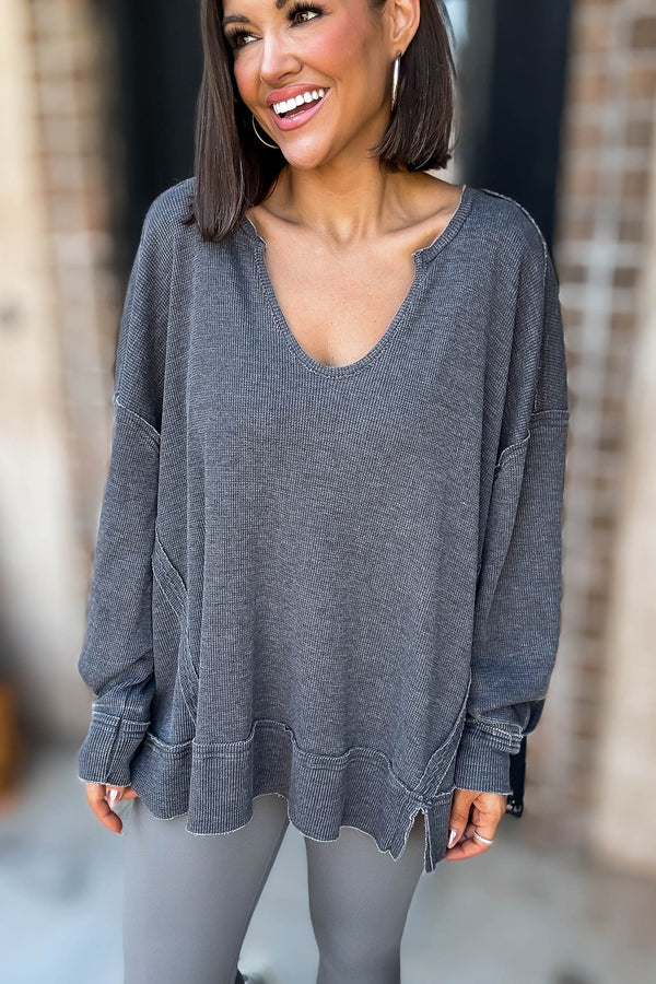 Cotton Blend Black Waffle Knit Oversized Long Sleeve