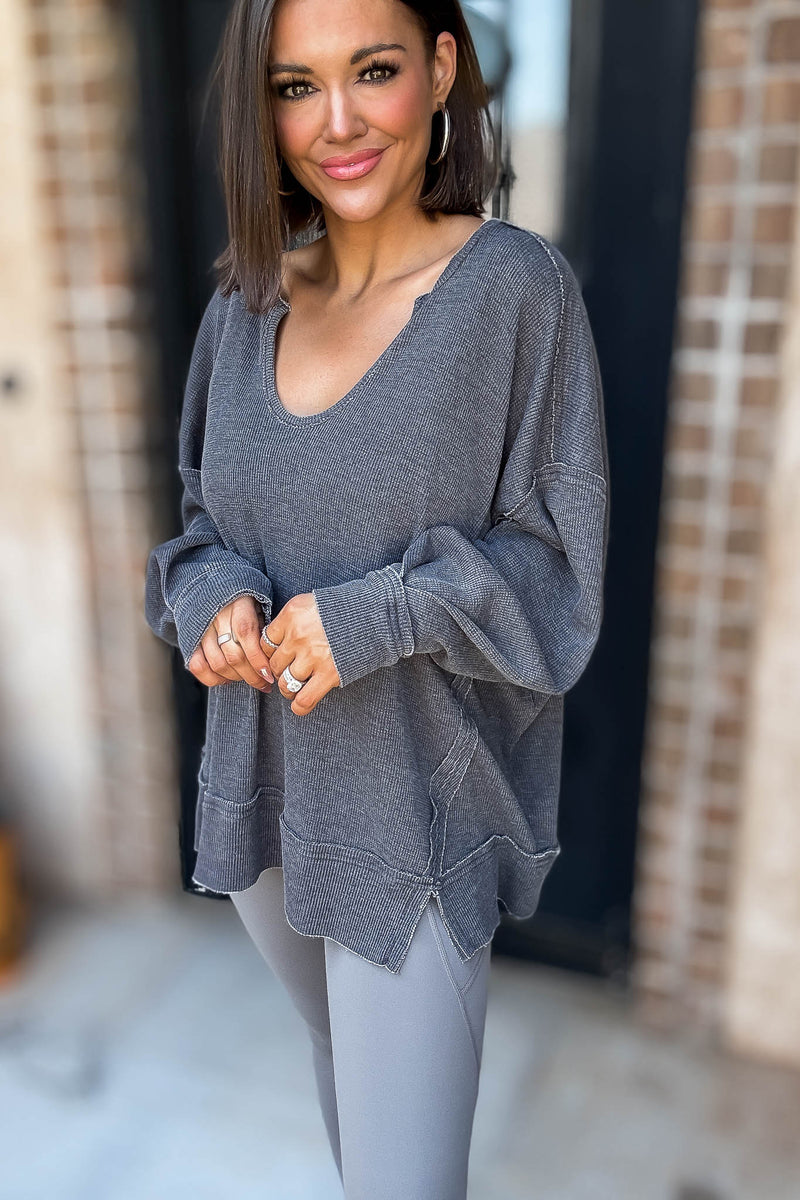 Cotton Blend Black Waffle Knit Oversized Long Sleeve