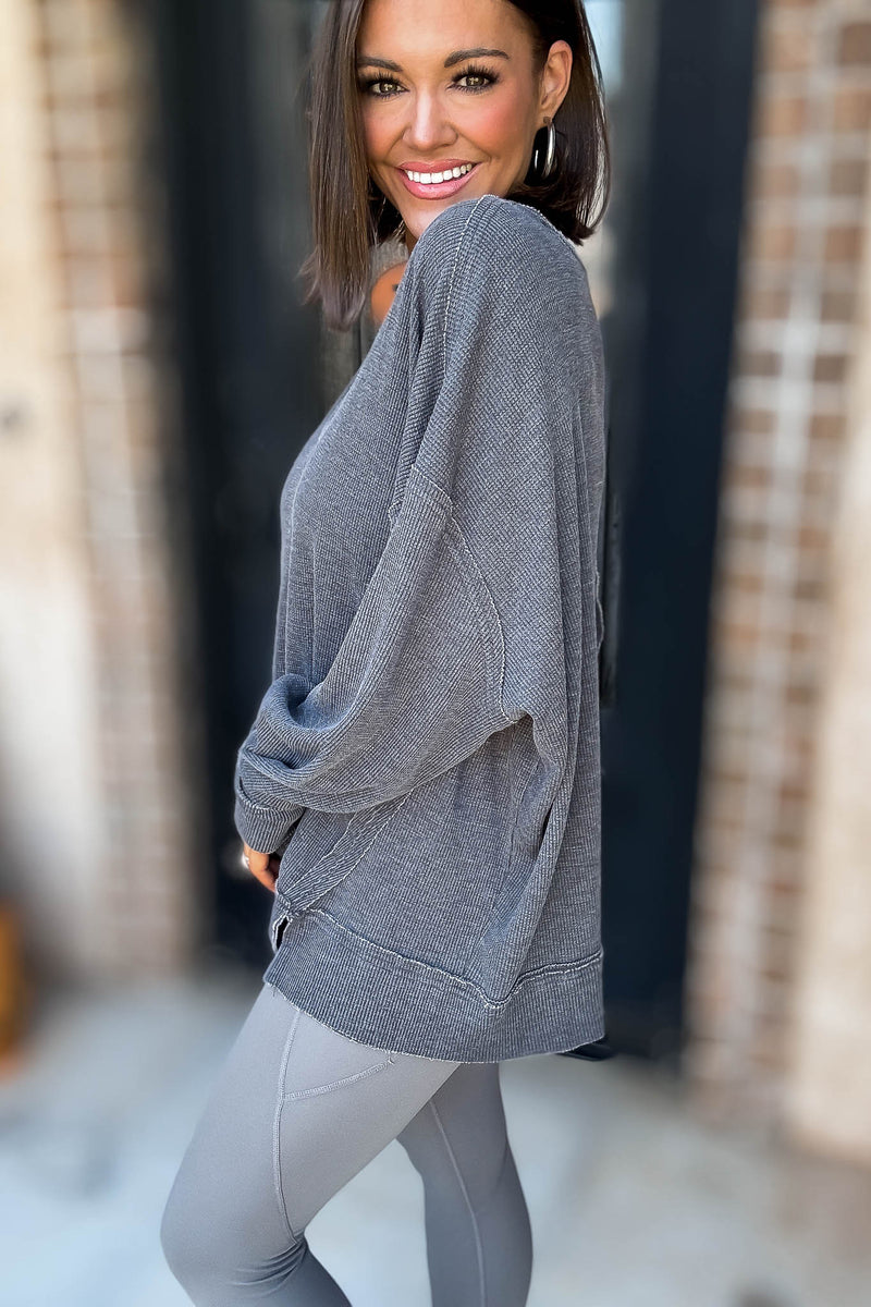 Cotton Blend Black Waffle Knit Oversized Long Sleeve