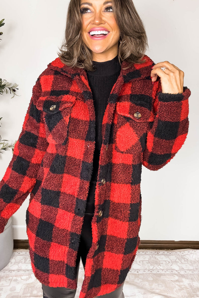 Red And Black Fleece Sherpa Shacket