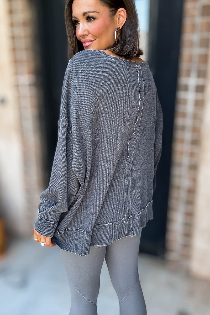 Cotton Blend Black Waffle Knit Oversized Long Sleeve