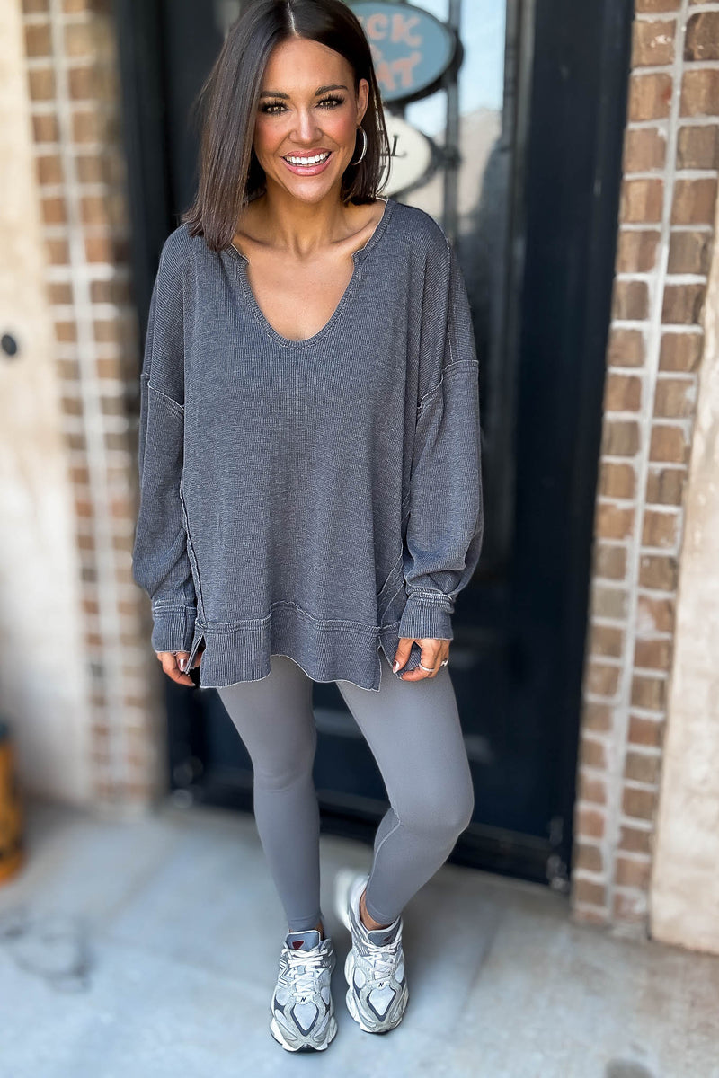 Cotton Blend Black Waffle Knit Oversized Long Sleeve