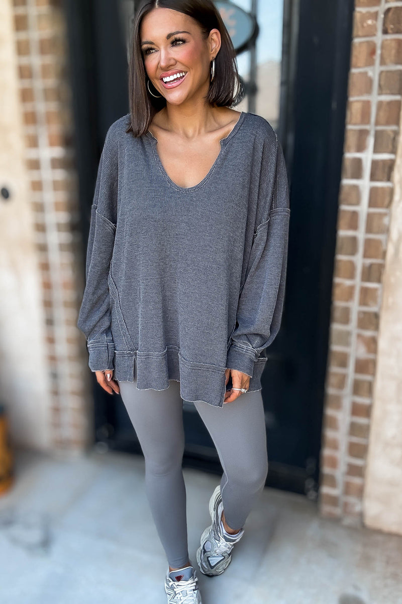 Cotton Blend Black Waffle Knit Oversized Long Sleeve