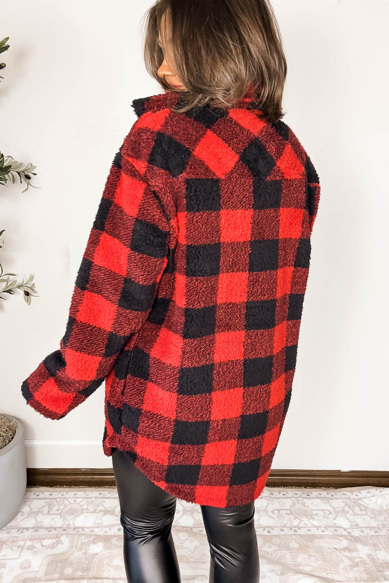 Red And Black Fleece Sherpa Shacket