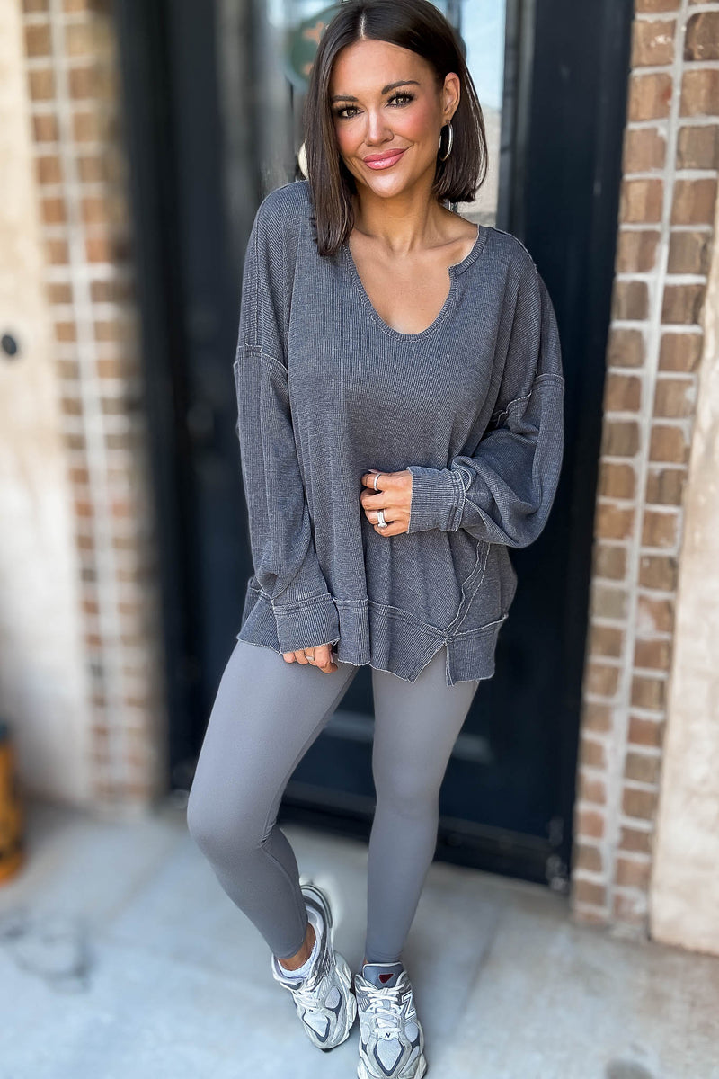 Cotton Blend Black Waffle Knit Oversized Long Sleeve