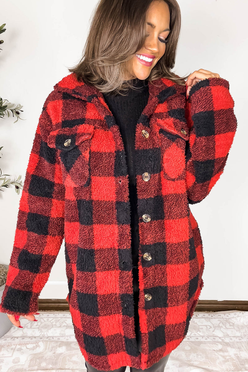 Red And Black Fleece Sherpa Shacket