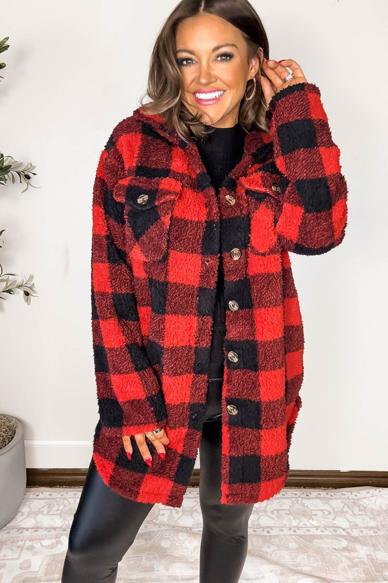 Red And Black Fleece Sherpa Shacket