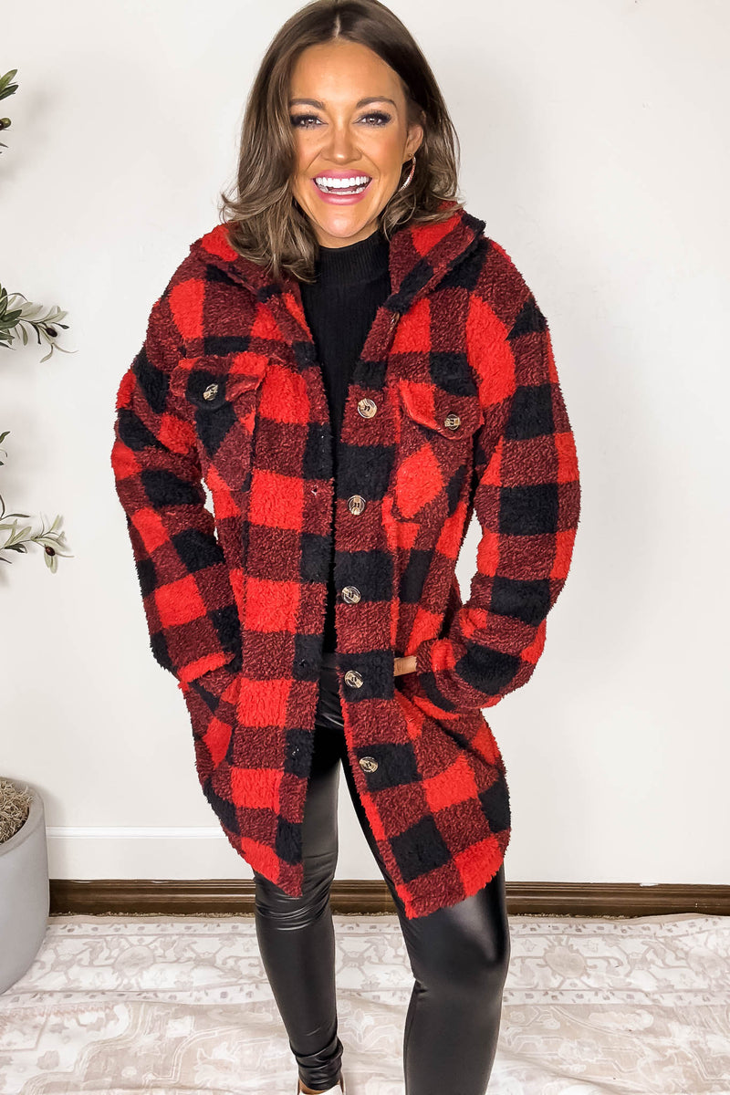Red And Black Fleece Sherpa Shacket