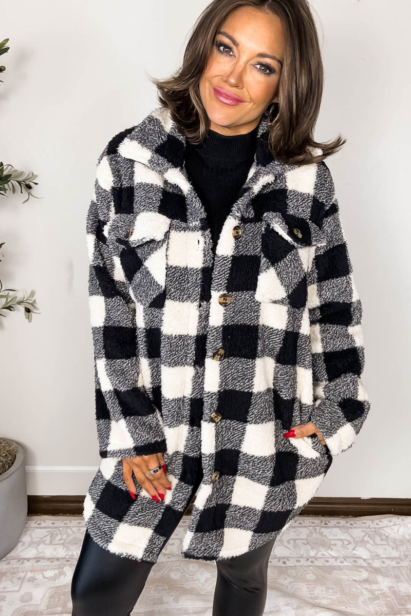 Black And Ivory Fleece Sherpa Shacket