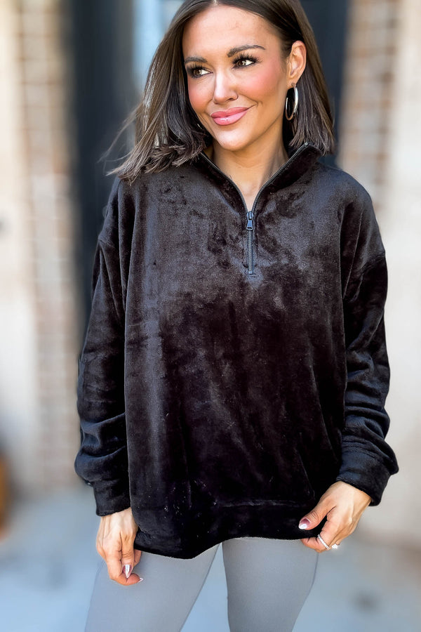 Black Faux Fur Half Zip Pocket Pullover