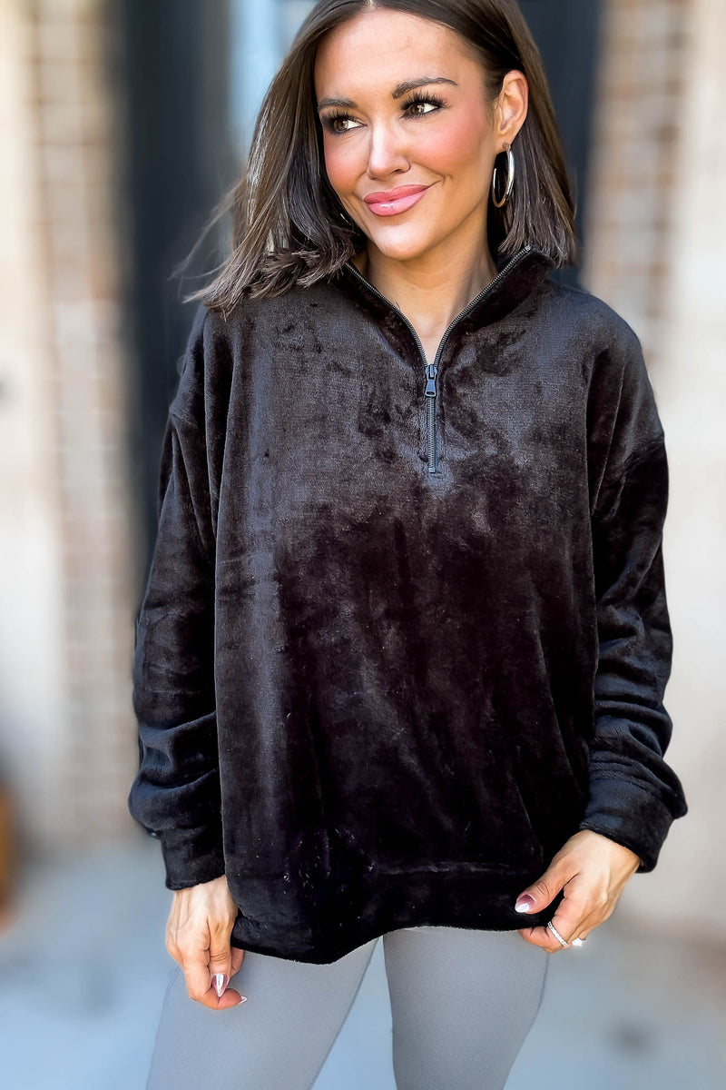 Black Faux Fur Half Zip Pocket Pullover