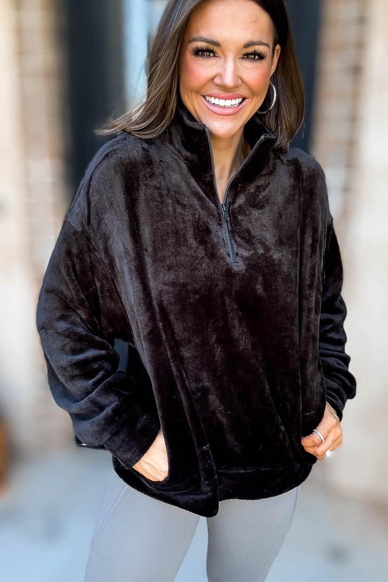 Black Faux Fur Half Zip Pocket Pullover